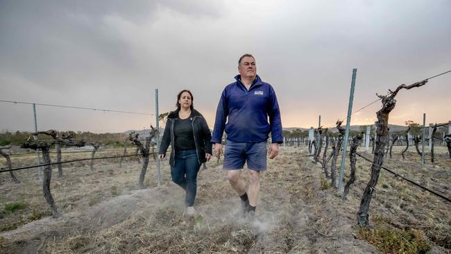 Mario Gangemi and Robyn Puglisi-Henderson run Ballandean Estate Wines, and for the first time, with the creek and their dams dry, they are going to have to cart in water to keep their vines alive. Picture: Luke Marsden.