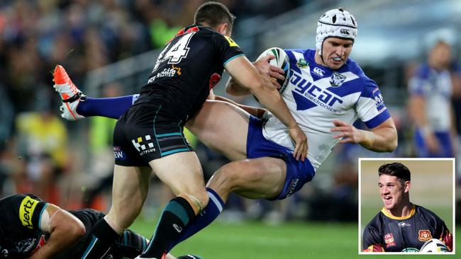 Bulldog Tim Browne is felled by Panther Adam Docker (inset). Picture: Gregg Porteous