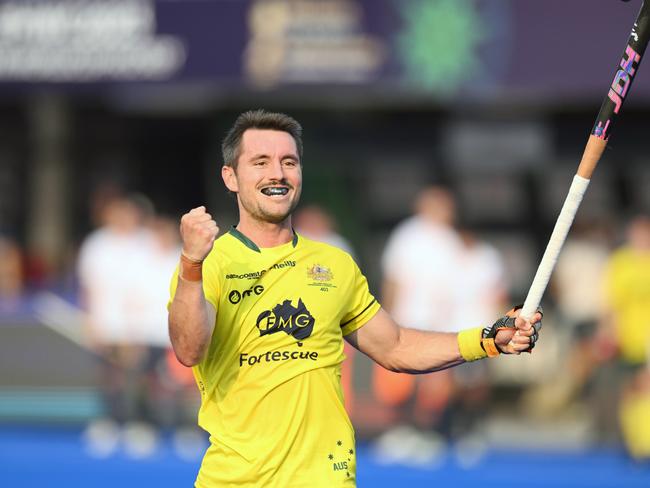 Jeremy Hayward celebrates after scoring goal for Australia at the World Cup. Picture: WorldSportPics/Frank Uijlenbroek.