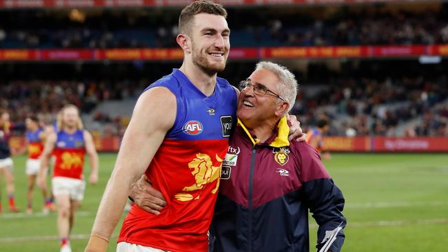 Chris Fagan with Daniel McStay. Photo by Dylan Burns/AFL Photos via Getty Images.