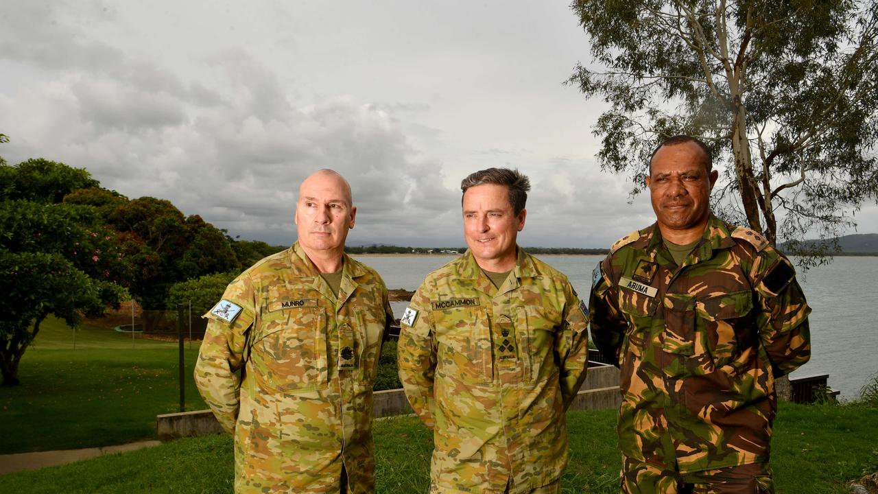 Commanding Officer 3rd Brigade Brigadier Dave McCammon (centre) with RSM Bob Moore and Deputy Commander Lieutenant Colonel Boniface Aruma. Picture: Evan Morgan