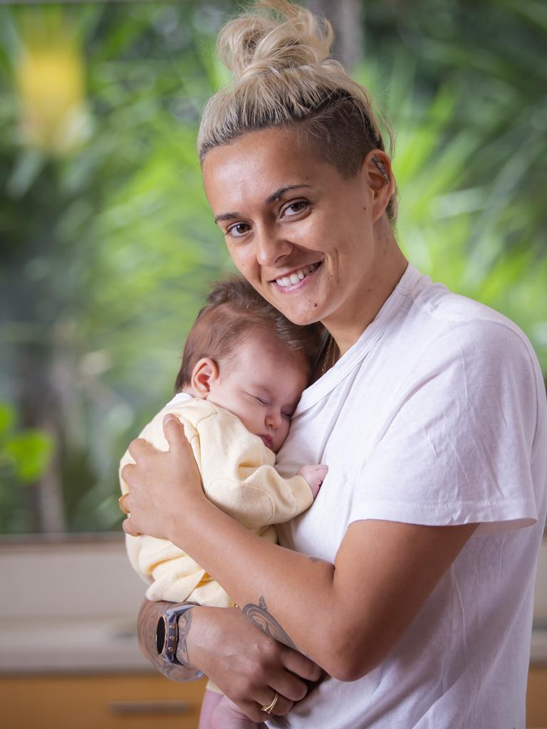 Former AFLW star Moana Hope has welcomed her first child, baby Svea. Hope's wife Isabella gave birth in November. Picture by Wayne Taylor 14th January 2021