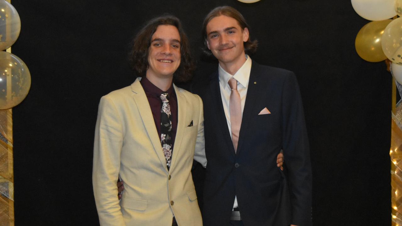 Harry Conroy and Noah Lynch at the 2022 Kawana Waters State College formal. Picture: Sam Turner