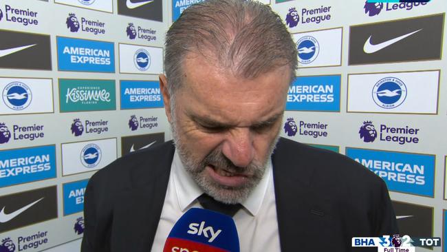 Tottenham manager Ange Postecoglou shows his disgust in his post-match interview after Spurs 3-2 loss to Brighton.