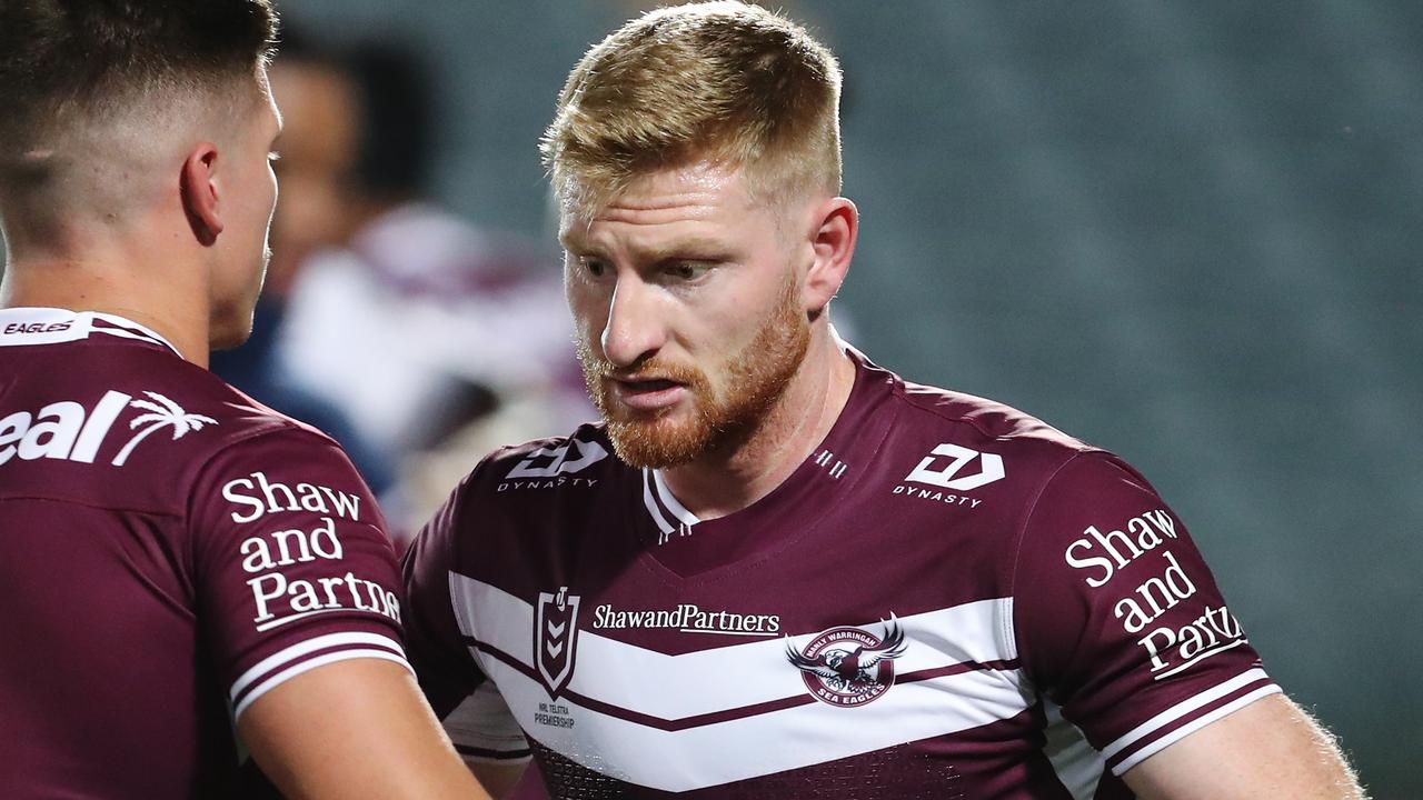 Brad Parker and Reuben Garrick of the Sea Eagles warms up ahead of the Round 3 NRL match between the Manly Warringah Sea Eagles and the Canterbury-Bankstown Bulldogs at Central Coast Stadium in Gosford, Sunday, May 31, 2020. (AAP Image/Brendon Thorne) NO ARCHIVING, EDITORIAL USE ONLY