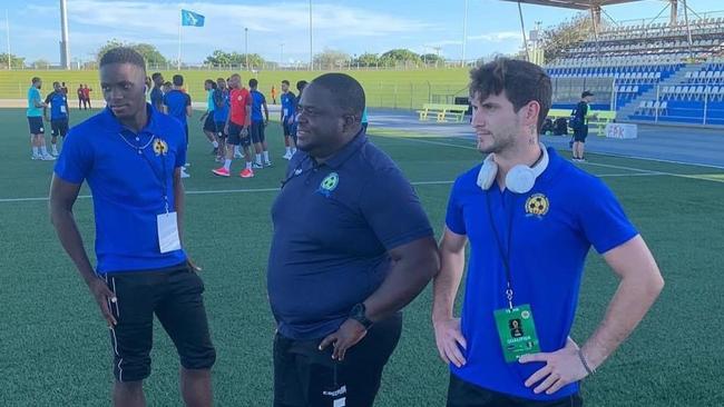 Brandon Sumpter (right) before a FIFA World Cup Qualifier for Barbados. Picture: Supplied.