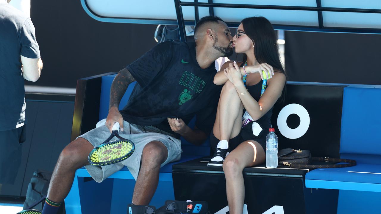 Australian Nick Kyrgios kisses girlfriend Costeen Hatzi during a break at the Aussie Open. Photo by Michael Klein.
