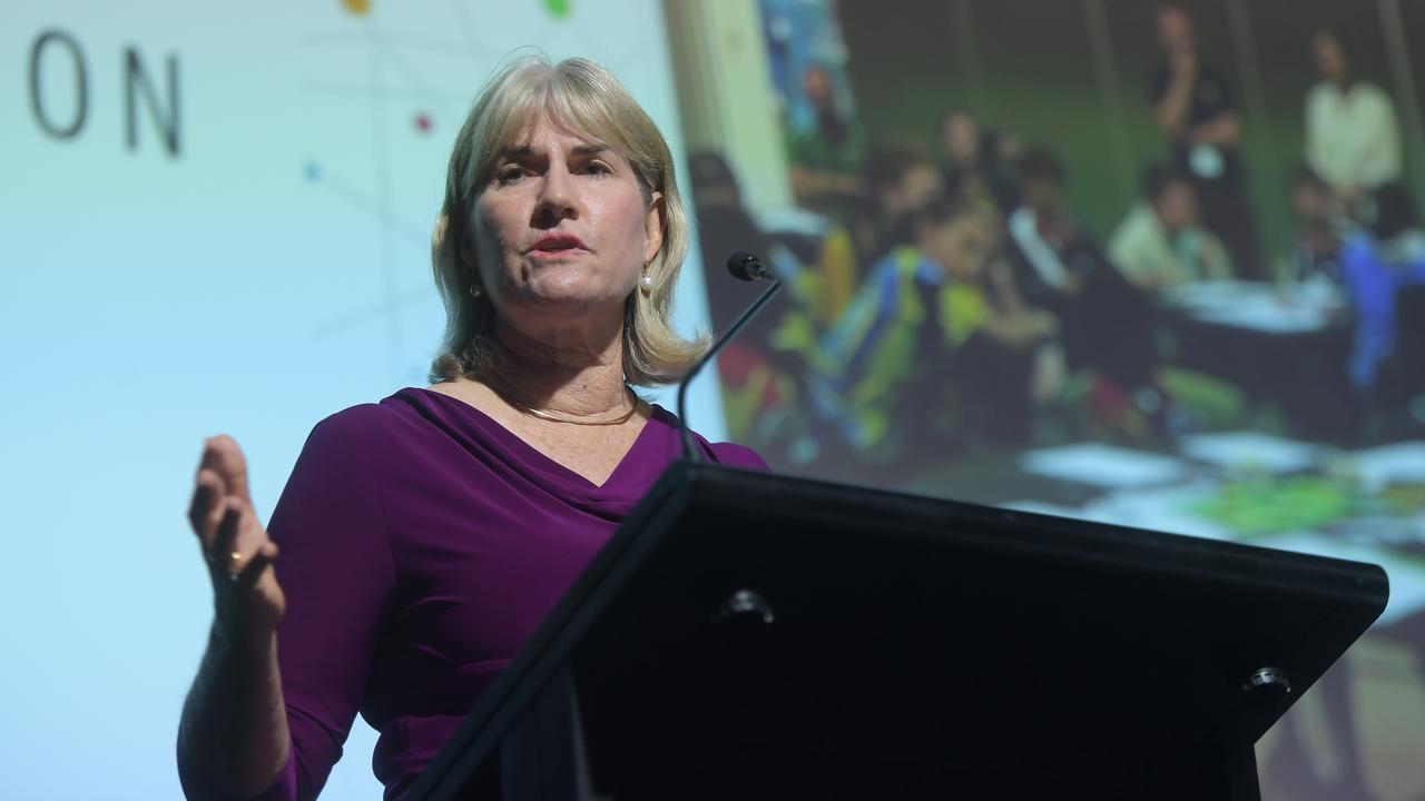 Education Minister Eva Lawler talks to students at the NT Learning Commission. Picture: (A)manda Parkinson