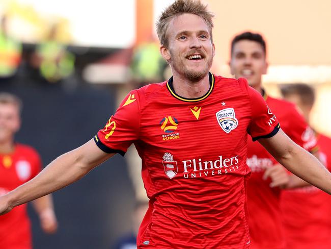 ADELAIDE, AUSTRALIA - JANUARY 17: Ben Halloran of Adelaide United celebrates his goal during the round 15 A-League match between Adelaide United and the Melbourne Victory at Coopers Stadium on January 17, 2020 in Adelaide, Australia. (Photo by Jonathan DiMaggio/Getty Images)