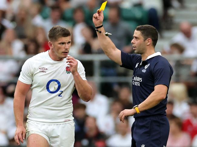 Referee Nika Amashukeli shows England captain Owen Farrell a yellow card, later upgraded to red after a TMO review, last month at Twickenham. Picture: David Rogers/Getty Images