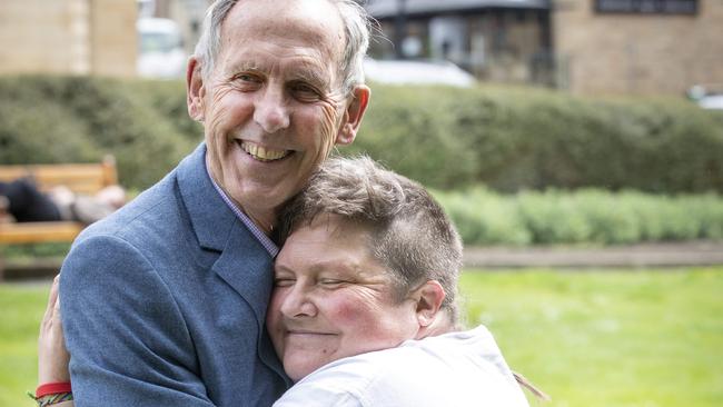 Dr Bob Brown with Dr Colette Harmsen after spending 3 months in prison for protesting against the logging of Tasmania's native forests, at Parliament lawns Hobart. Picture: Chris Kidd