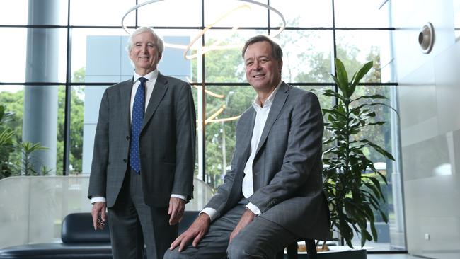 Aristocrat chair Neil Chatfield and chief executive Trevor Croker at the company’s Sydney office on Thursday. Picture: Britta Campion