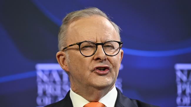 Prime Minister Anthony Albanese addresses the National Press Club. Picture: NewsWire / Martin Ollman