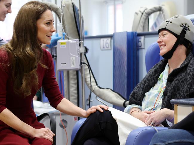 LONDON, ENGLAND - JANUARY 14: Catherine, Princess of Wales talks with Katherine Field during a visit to The Royal Marsden Hospital on January 14, 2025 in London, England. The Prince and Princess of Wales have today become Joint Patrons of The Royal Marsden NHS Foundation Trust following a visit by Her Royal Highness to the hospitalÃ¢â¬â¢s Chelsea site. The PrincessÃ¢â¬â¢ own personal cancer journey saw her receive treatment from The Royal Marsden. The Royal Marsden opened its doors in 1851 as the worldÃ¢â¬â¢s first hospital dedicated to cancer diagnosis, treatment, research and education. (Photo by Chris Jackson/Getty Images)