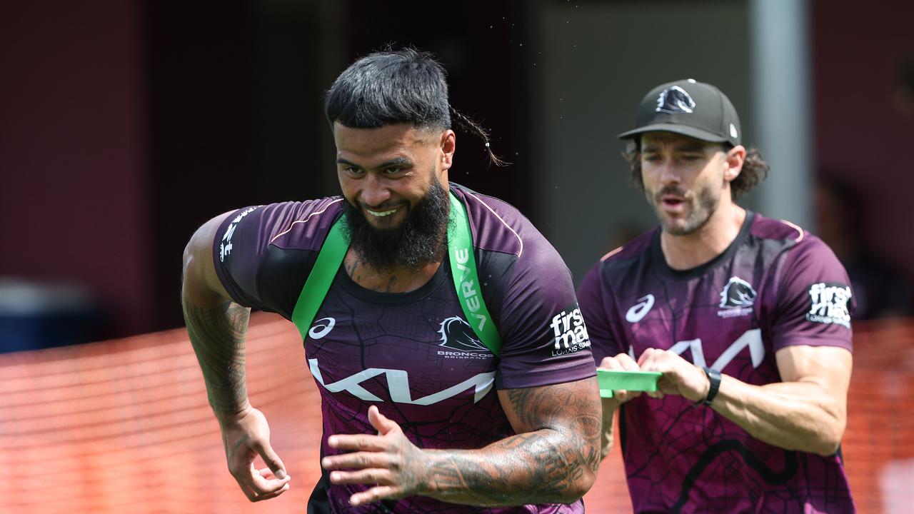 Payne Haas sweats it out during pre season training with the Broncos at Red Hill. Pics Adam Head