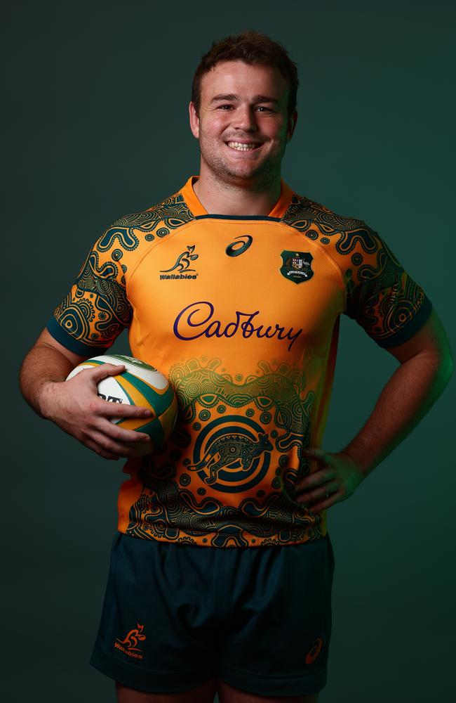 SUNSHINE COAST, AUSTRALIA - JUNE 24: Harry Wilson poses during the Australian Wallabies 2022 team headshots session on June 24, 2022 in Sunshine Coast, Australia. (Photo by Chris Hyde/Getty Images for Rugby Australia)