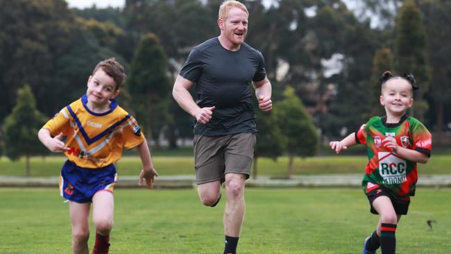 Former rugby league great James Graham, who is launching a new podcast called Head Noise for The Australian looking at the impact of concussion in sport, with kids from Paddington Colts. Picture: John Feder/The Australian