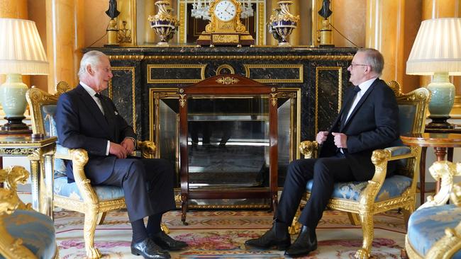 King Charles III speaks with Anthony Albanese, as he receives realm prime ministers in the 1844 Room at Buckingham Palace in London following Queen Elizabeth’s death. Picture: AFP.