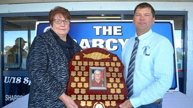 PROUD MOMENT: Desley Oates with Cities president Stephen Duff at the naming for the new field, The Darcy and Desley Oates Oval. Picture: Molly Hancock