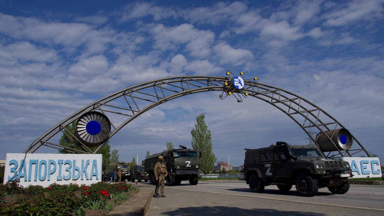 Russian military vehicles drive through the gates of the Zaporizhzhia Nuclear Power Station in Energodar. Picture: Andrey Borodulin/AFP