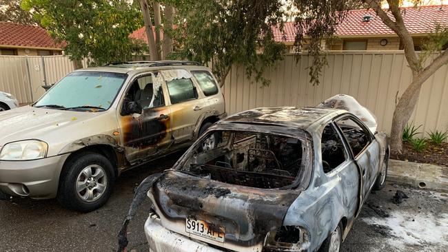 Two cars have been destroyed by a suspicious fire at Campbelltown on 15th July 2020. Picture: Tait Schmaal.