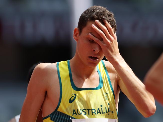 TOKYO, JAPAN - AUGUST 03: Jye Edwards of Team Australia reacts after competing in round one of the Men's 1500m heats on day eleven of the Tokyo 2020 Olympic Games at Olympic Stadium on August 03, 2021 in Tokyo, Japan. (Photo by Michael Steele/Getty Images)