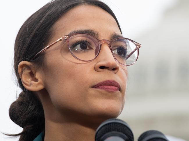 (FILES) In this file photo taken on February 7, 2019 US Representative Alexandria Ocasio-Cortez, Democrat of New York, speaks during a press conference to announce Green New Deal legislation to promote clean energy programs outside the US Capitol in Washington, DC. - US Representative Alexandria Ocasio-Cortez, Democrat of New York, won reelection on November 3, 2020, US media reported. (Photo by SAUL LOEB / AFP)