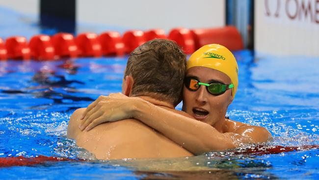 Cameron McEvoy congratulates Kyle Chalmers after the 100m freestyle final. Picture: Alex Coppel.