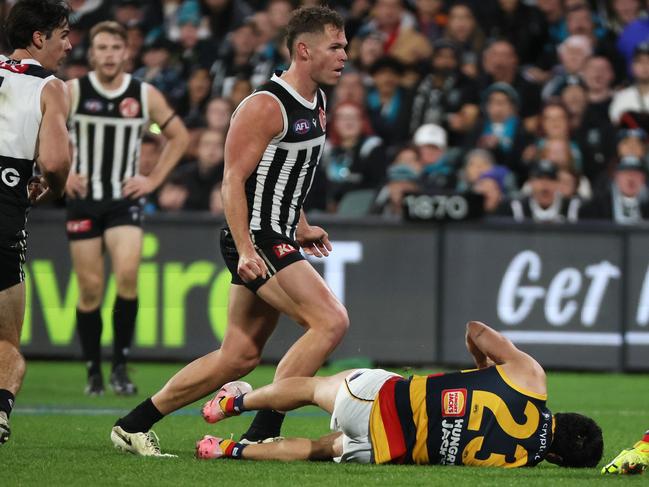 Dan Houston’s five-game ban for this bump on Izak Rankine has been upheld. Picture: James Elsby/AFL Photos via Getty Images