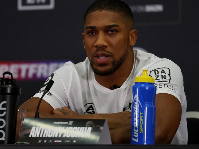 LONDON, ENGLAND - FEBRUARY 09: Anthony Joshua of England talks to the media during the Anthony Joshua v Jermaine Franklin Press Conference at the Hilton London Syon Park on February 09, 2023 in London, England. (Photo by Andrew Redington/Getty Images)