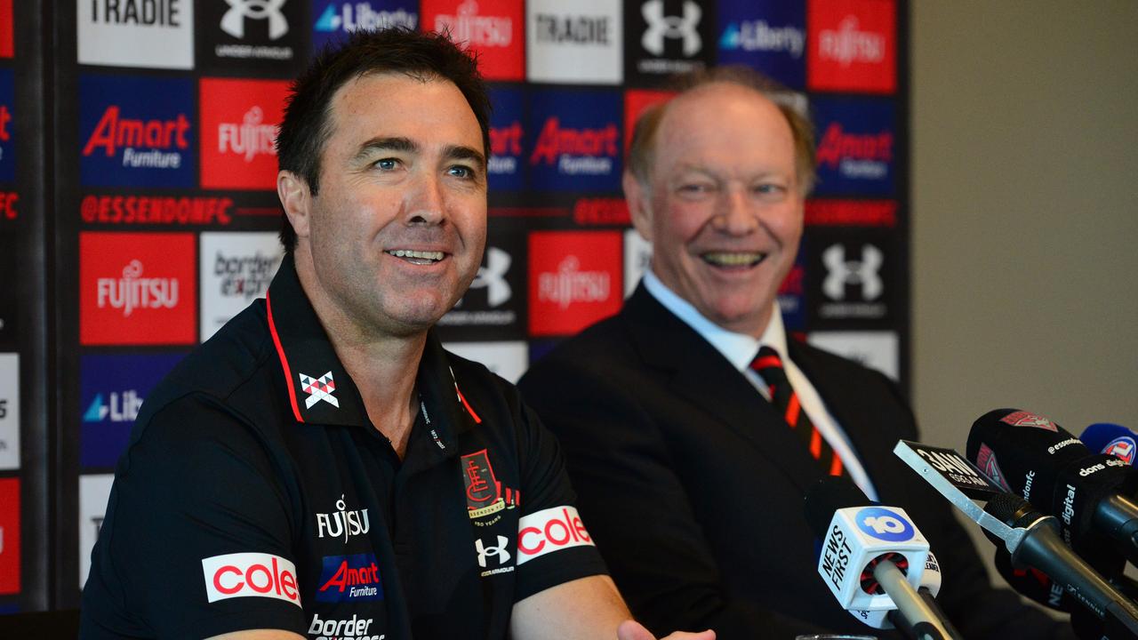 New Essendon coach Brad Scott pictured with embattled Chairman, David Barham. Picture: NCA NewsWire / Nicki Connolly