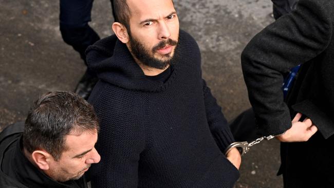 British-US influencer Andrew Tate at a courthouse in Bucharest in February. Picture: AFP