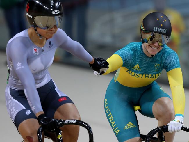 Anna Meares loses her race against Wai Sze Lee from Hong Kong during the Women’s Sprint at the Rio Olympics 2016 track cycling at the Rio Olympic Velodrome. Picture: Adam Head