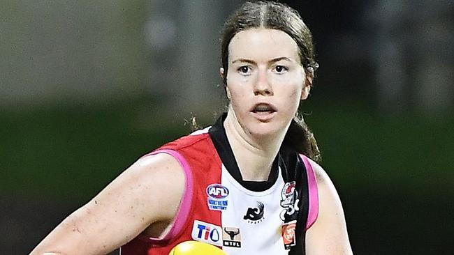 Southern Districts' 11-goal hero Grace Mulvahil has eyes only for the major uprights. Picture: Felicity Elliott AFLNT