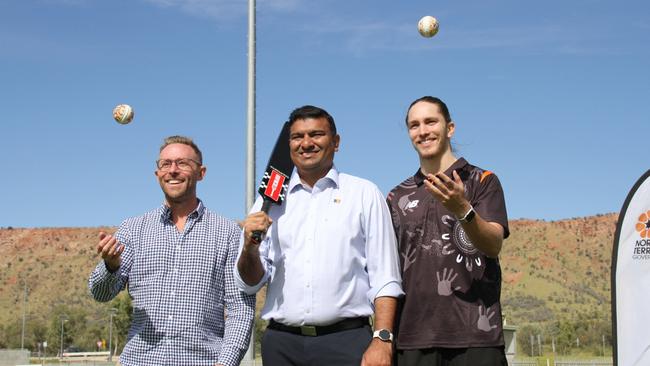 NT sports, people, and culture minister Jinson Charls, NT Cricket chief executive Gavin Dovey, and NT NICC mens captain Lachlan Dunemann at Albrecht Oval in Larapinta, Alice Springs, May 2, 2025. Picture: Gera Kazakov