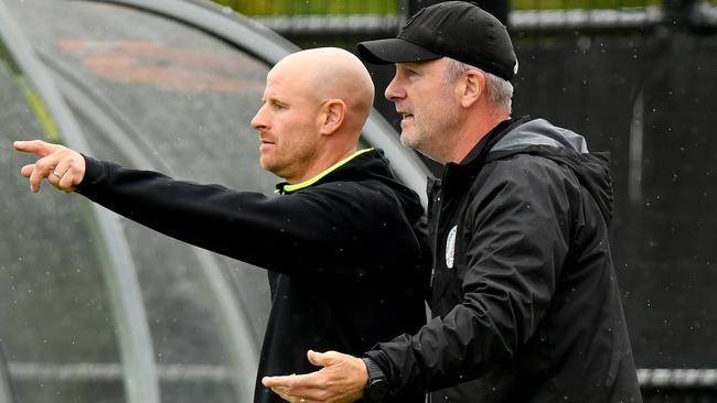 Melbourne Knights head coach Ben Surey gives instructions during the NPL Vic Men round 8 match between Manningham United and Melbourne Knights at Pettys Reserve, on April 06,2024, in Melbourne, Australia. (Photo by Josh Chadwick)