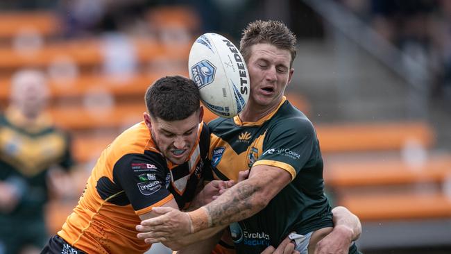 Jack Burraston and Zac Ryan clash. Picture: Julian Andrews