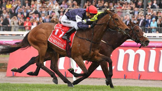 Heartbreak City has his head in front of eventual winner Almandin during their gripping battle in the 2016 Melbourne Cup. Photo: Vince Caligiuri/Getty Images