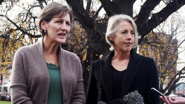 Tasmanian Greens leader Cassy O’Connor and the member for Franklin Rosalie Woodruff discuss the Greens’ alternative budget. Picture: DAVID KILLICK