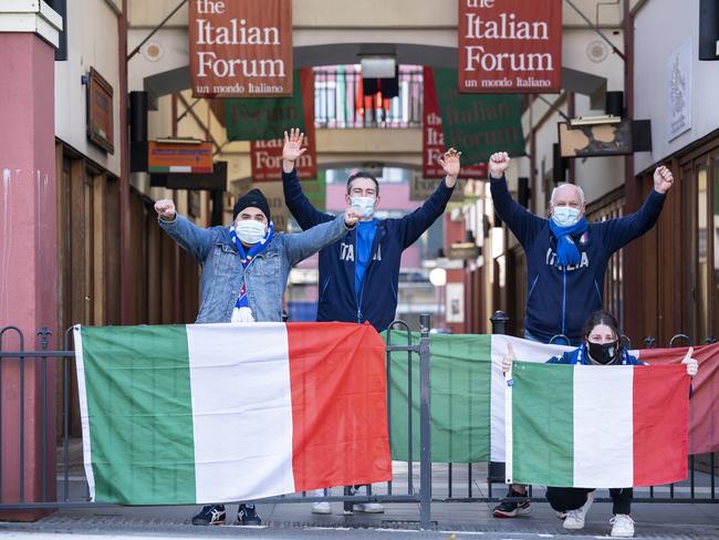 Italy Fans going loose in Norton Street Leichhardt.Andrea gabrielli, Luigi moccia , Ernesto meduri, Victoria meduri.PictureÃs: NO Photographer Byline Required.