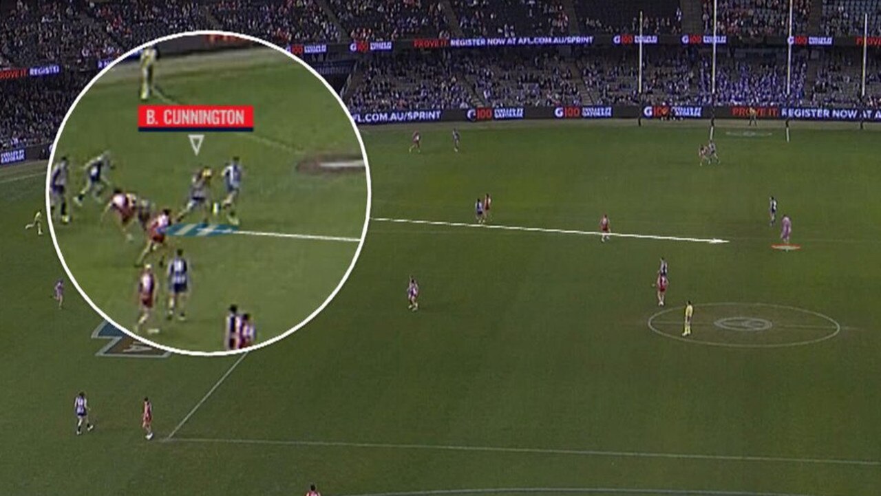 Sydney runner Jeremy Laidler appeared to be occupying space near North Melbourne's spare man as Ben Cunnington emerged from a contest late against the Swans.