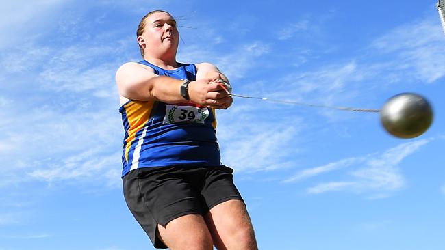 Jett Carlin in action during his hammer throw training at Northern Districts Athletics Club. He’s set to continue his fast development with an SAHOF scholarship. Picture: Mark Brake