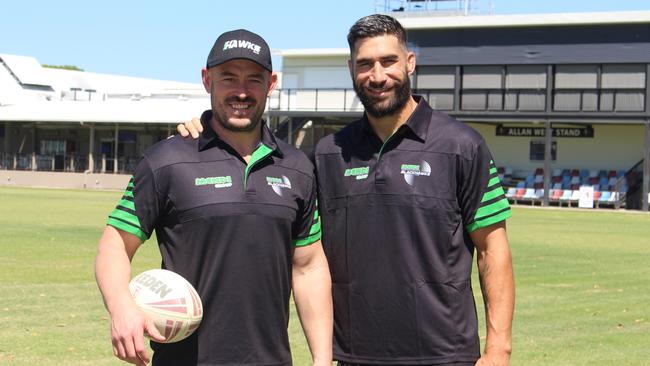 Incoming Townsville Blackhawks coach Terry Campese with 2024 signing James Tamou. Picture: Supplied.