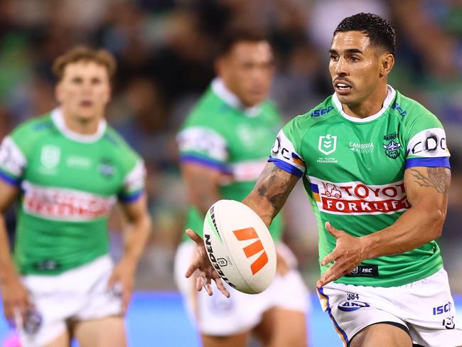 CANBERRA, AUSTRALIA - APRIL 03: Jamal Fogarty of the Raiders in action during the round five NRL match between Canberra Raiders and Cronulla Sharks at GIO Stadium, on April 03, 2025, in Canberra, Australia. (Photo by Mark Nolan/Getty Images)