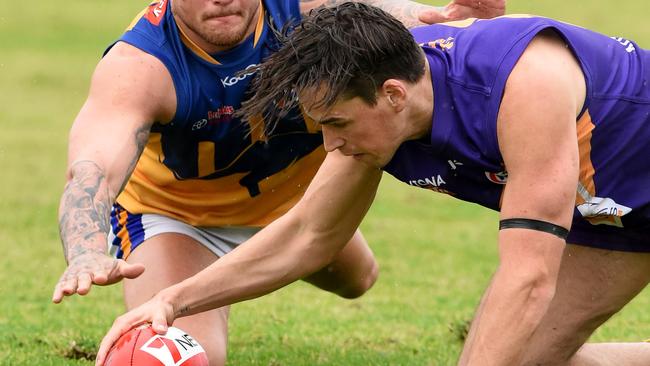 WRFL footy: Altona V Sunshine. L-R Sunshine no 7 Jesse McLellan, Altona's no 19 Jayden Post. Picture: Kylie Else