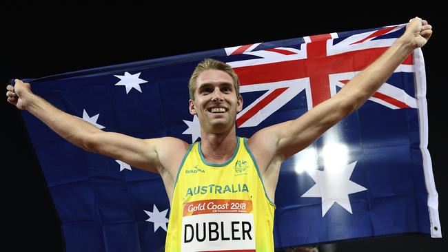 Cedric Dubler of Australia celebrates after winning the bronze medal in the Men's Decathlon Final on day six of the XXI Commonwealth Games, at Carrara Stadium on the Gold Coast, Australia, Tuesday, April 10, 2018. (AAP Image/Tracey Nearmy) NO ARCHIVING, EDITORIAL USE ONLY