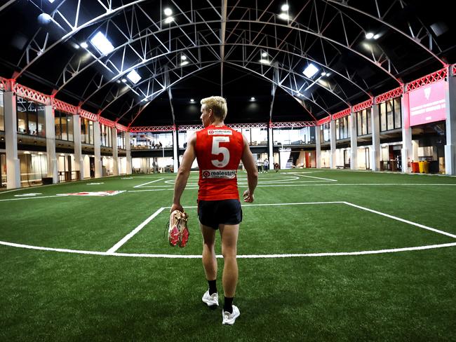 Isaac Heeney inspects the Swans’ new HQ at the Royal Hall of Industries. Picture: Phil Hillyard