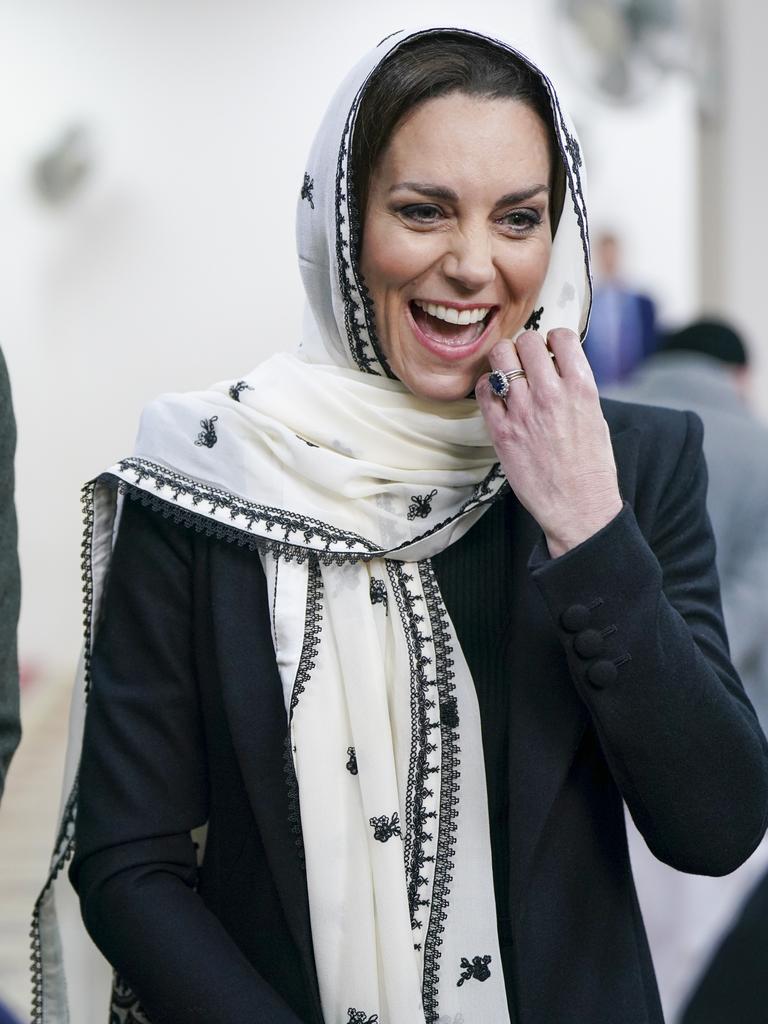 Princess Catherine wears a floral headscarf which she wore while on tour in Pakistan in 2019. Picture: Getty Images