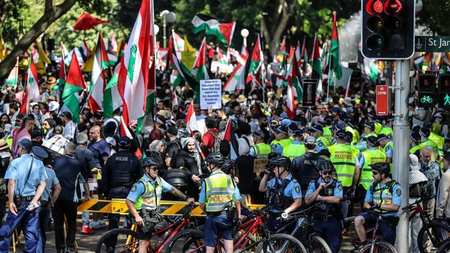 Pro-Palestinian supporters gather during a protest at Hyde Park on October 6, Sydney, NSW.