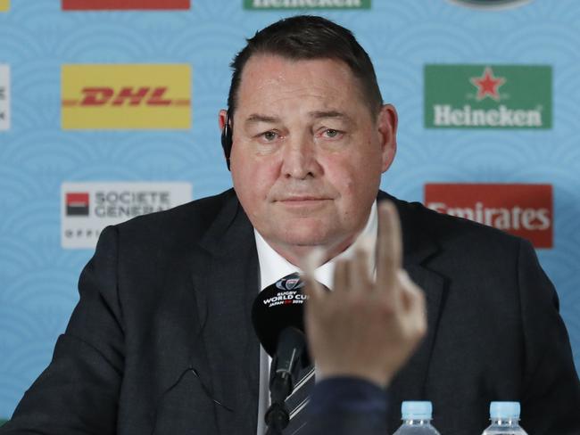 New Zealand coach Steve Hansen attends a press conference after their 19-7 loss in the Rugby World Cup semifinal against England at International Yokohama Stadium in Yokohama, Japan, Saturday, Oct. 26, 2019. (AP Photo/Eugene Hoshiko)